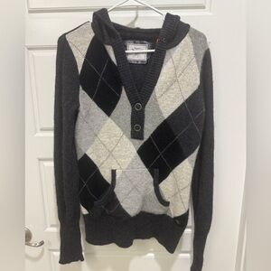Vintage Esprit Argyle  knit Black Gray White V neck M Preppy Y2K 90s hoodie